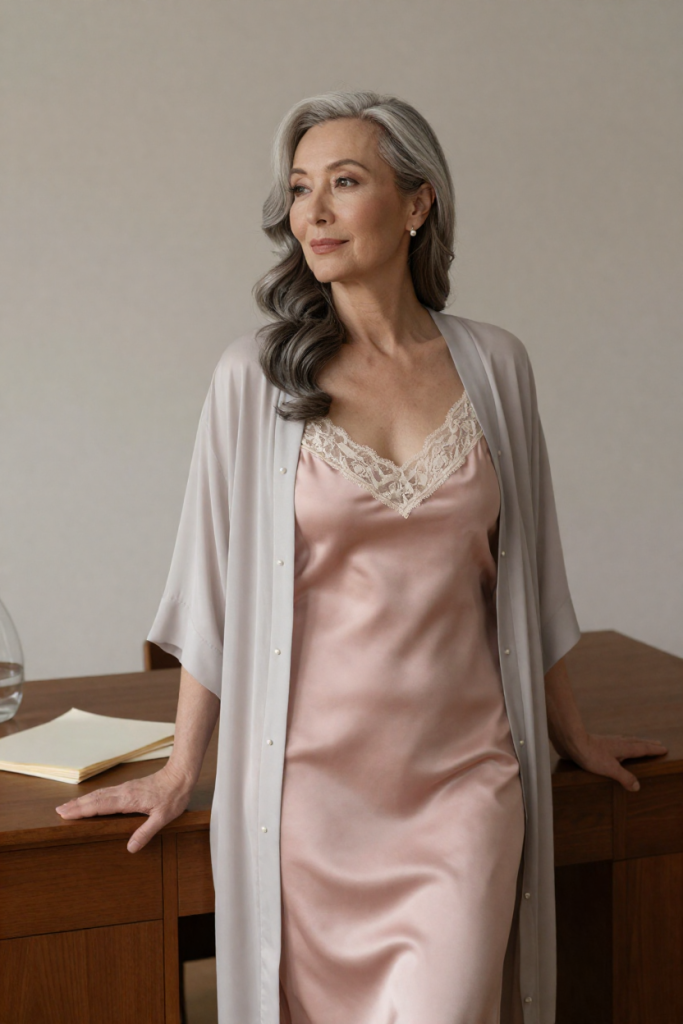 FuliMM5 muse in soft rose silk slip with ivory lace at a plain walnut desk